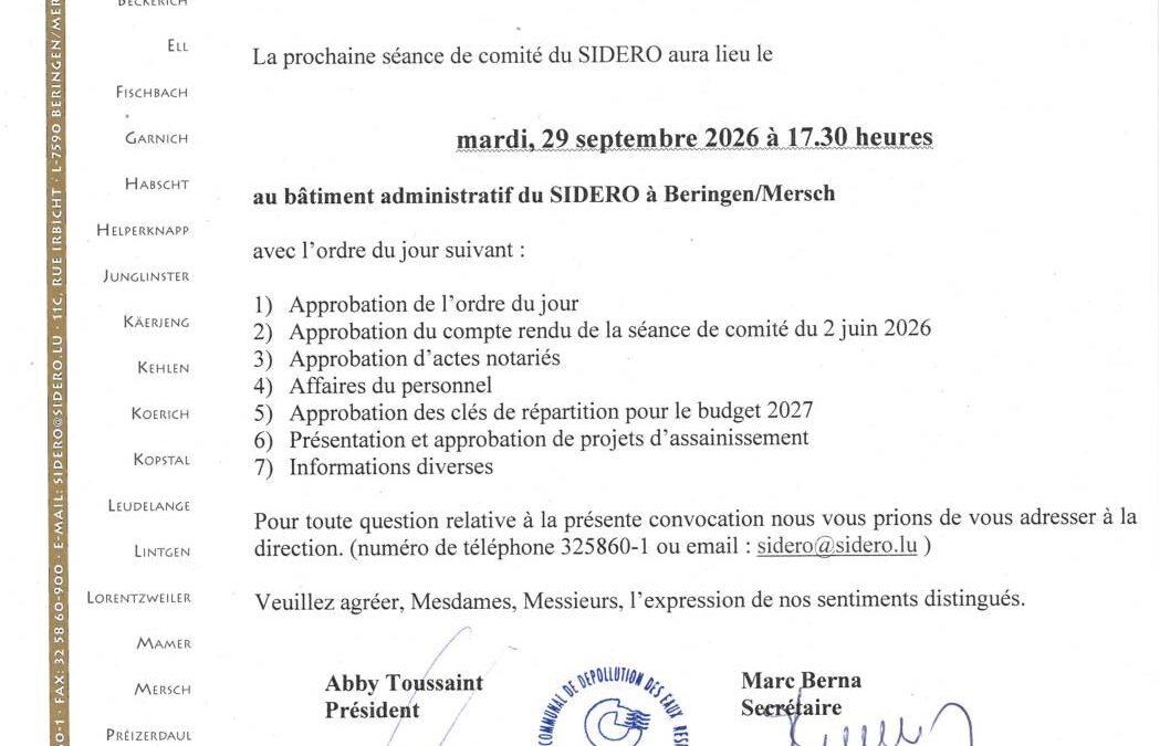 Ordre du jour de la séance de comité du 29/9/2026