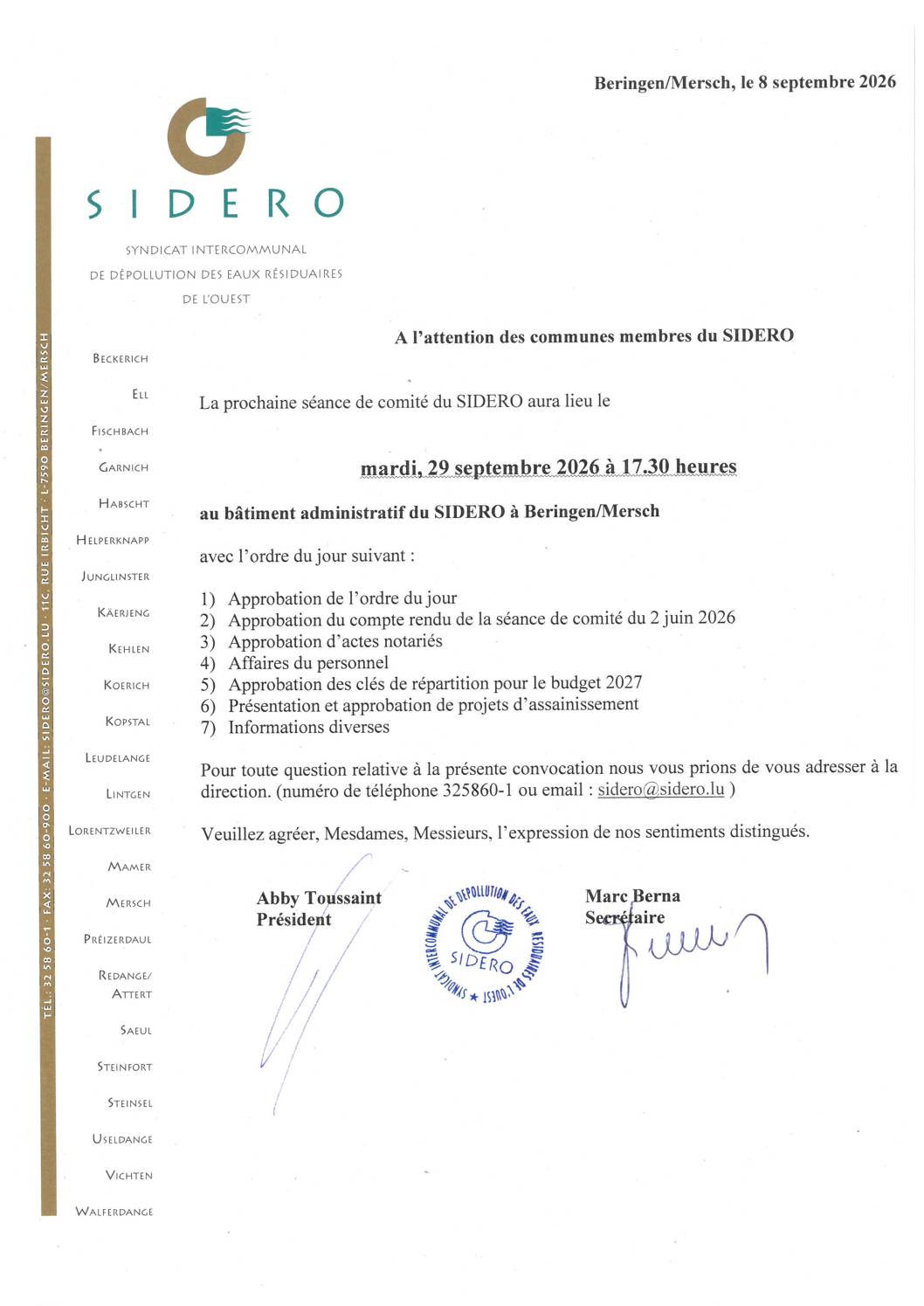 Ordre du jour de la séance de comité du 29/9/2026
